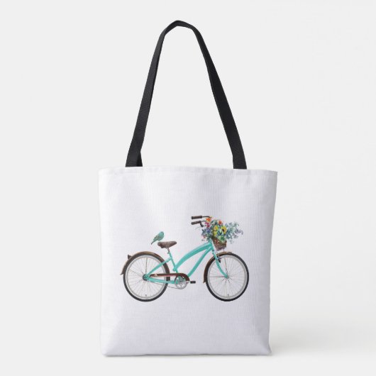 Bicycle With Bird and Flower Basket Turquoise Blue トートバッグ (裏面)