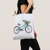 Bicycle With Bird and Flower Basket Turquoise Blue トートバッグ (クローズアップ)