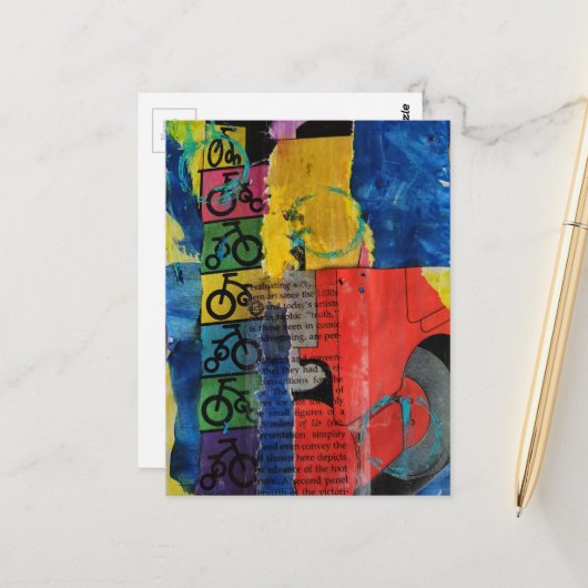 Bicycles and Trucks mixed media collage ポストカード (正面/裏面インサイチュ)