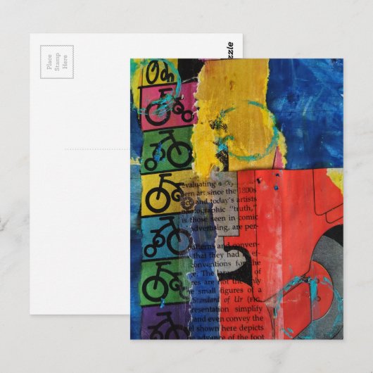 Bicycles and Trucks mixed media collage ポストカード (正面/裏面)