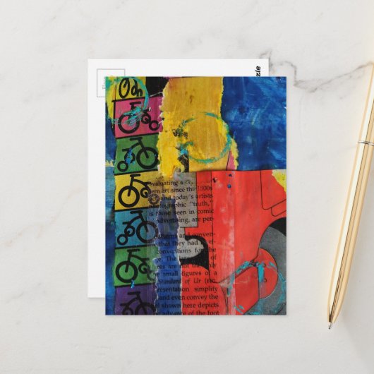 Bicycles and Trucks mixed media collage ポストカード (正面/裏面インサイチュ)