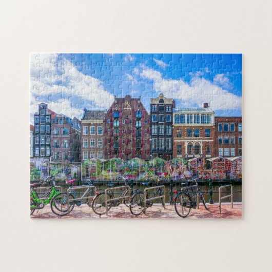 Bicycles Houses Along Amsterdam Canal Netherlands ジグソーパズル (横)