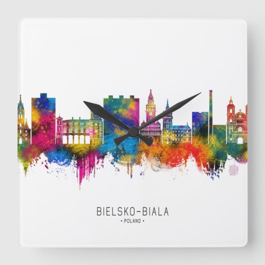Bielsko-Biala Poland Skyline スクエア壁時計 (正面)