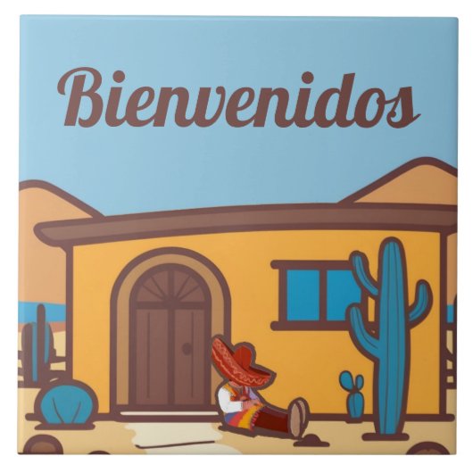  Bienvenidos Southwestern Adobe Home Welcome Sign タイル (正面)