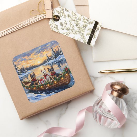 Biewer Terrier Christmas Boat Holiday スクエアシール (ギフト)