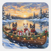 Biewer Terrier Christmas Boat Holiday スクエアシール (正面)