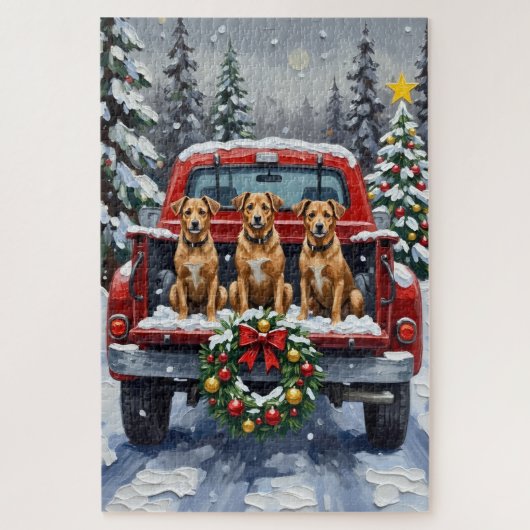 Biewer Terrier Christmas Red Truck Holiday ジグソーパズル (縦)
