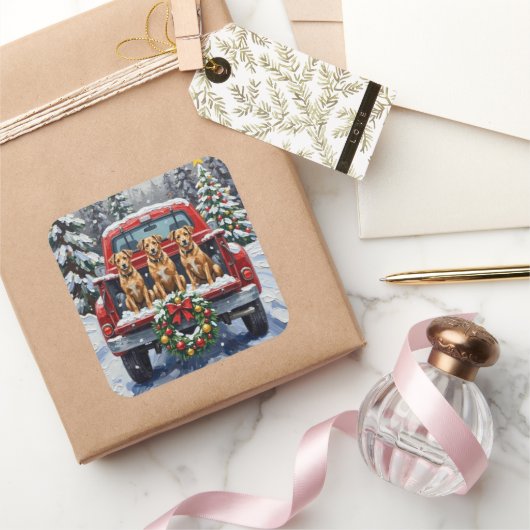 Biewer Terrier Christmas Red Truck Holiday スクエアシール (ギフト)