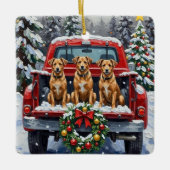 Biewer Terrier Christmas Red Truck Holiday セラミックオーナメント (正面)