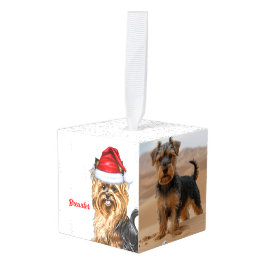 Biewer Terrier Dog 2フォトクリスマスホリデー キューブオーナメント