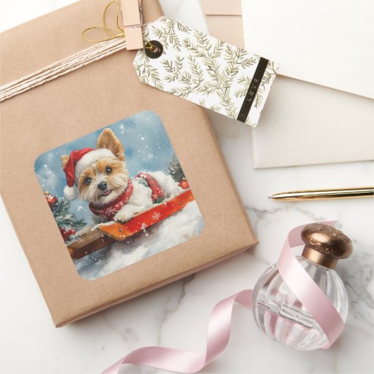 Biewer Terrier Dog in Sledge Let it Snow Christmas スクエアシール (ギフト)