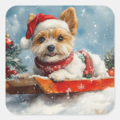 Biewer Terrier Dog in Sledge Let it Snow Christmas スクエアシール (正面)