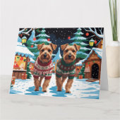 Biewer Terrier Dogs Christmas Snow Holiday カード (正面)