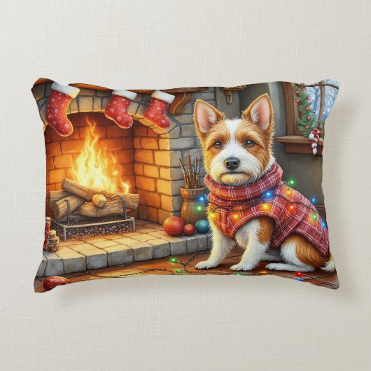 Biewer Terrier Fireplace with Christmas Lights アクセントクッション (正面)