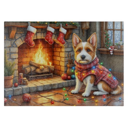 Biewer Terrier Fireplace with Christmas Lights カッティングボード (正面)