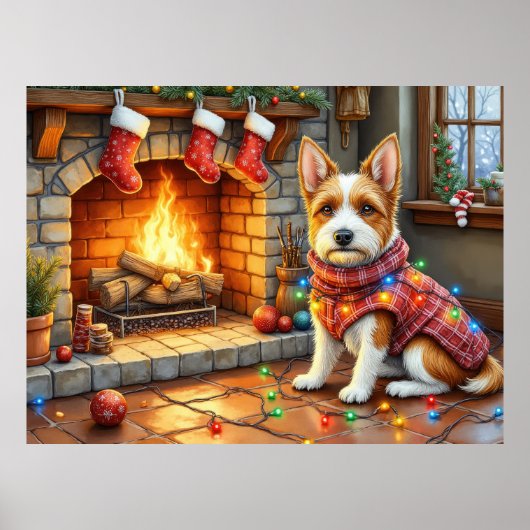 Biewer Terrier Fireplace with Christmas Lights ポスター (正面)