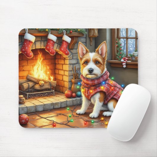 Biewer Terrier Fireplace with Christmas Lights マウスパッド (マウス)