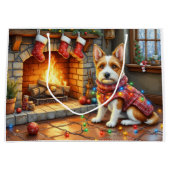 Biewer Terrier Fireplace with Christmas Lights ラージペーパーバッグ (正面)