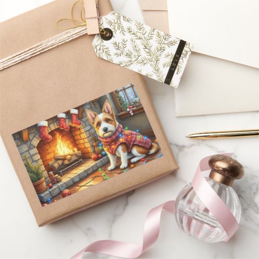 Biewer Terrier Fireplace with Christmas Lights 長方形シール (ギフト)