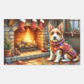 Biewer Terrier Fireplace with Christmas Lights 長方形シール (正面)