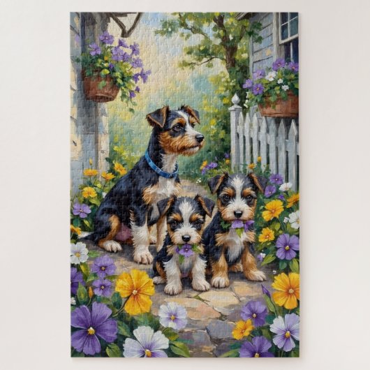 Biewer Terrier Pansy Garden Art ジグソーパズル (縦)