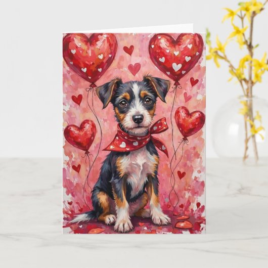 Biewer Terrier Valentine’s Day Dog with Hearts Red カード (黄色い花)