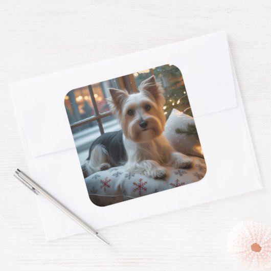 Biewer Terrier With Christmas Lights Holiday スクエアシール (封筒)