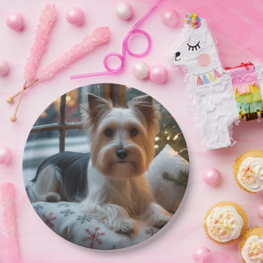Biewer Terrier With Christmas Lights Holiday ペーパープレート (パーティー)