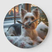 Biewer Terrier With Christmas Lights Holiday ラージ壁時計 (正面)