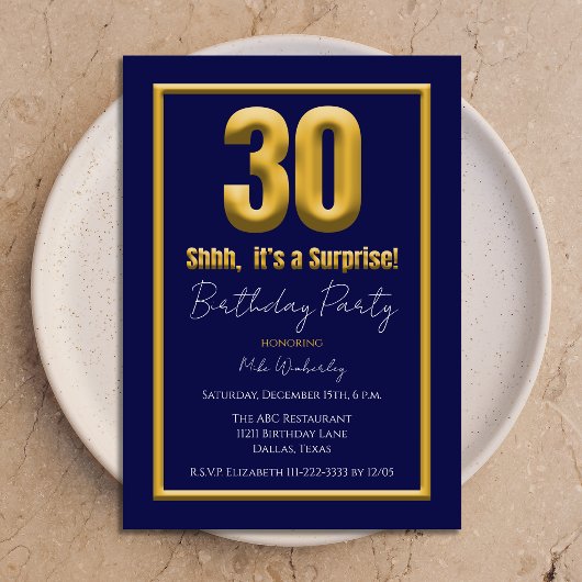 Big 30 Surprise Birthday Party Navy Blue 招待状