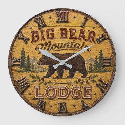 Big Bear Mountain Lodge Rustic ラージ壁時計 (正面)