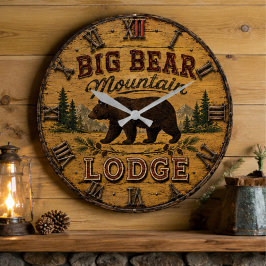Big Bear Mountain Lodge Rustic ラージ壁時計