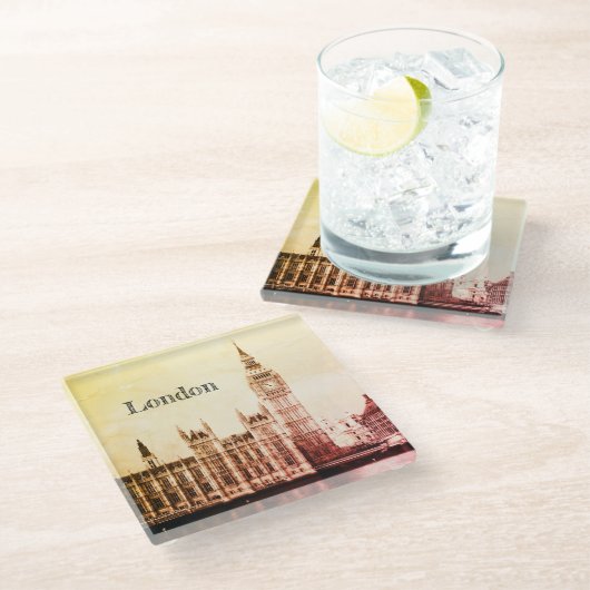 Big Ben Clock & London、Westminster/ヴィンテージUK ガラスコースター (アングル)