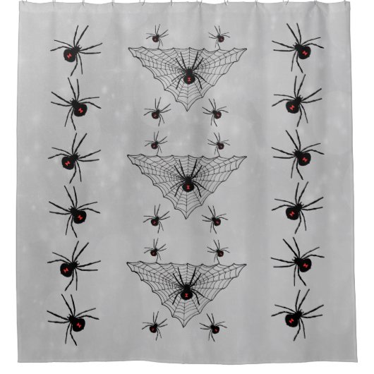 Big Black Widow Spiders Red Marks Webs Grey シャワーカーテン (正面)