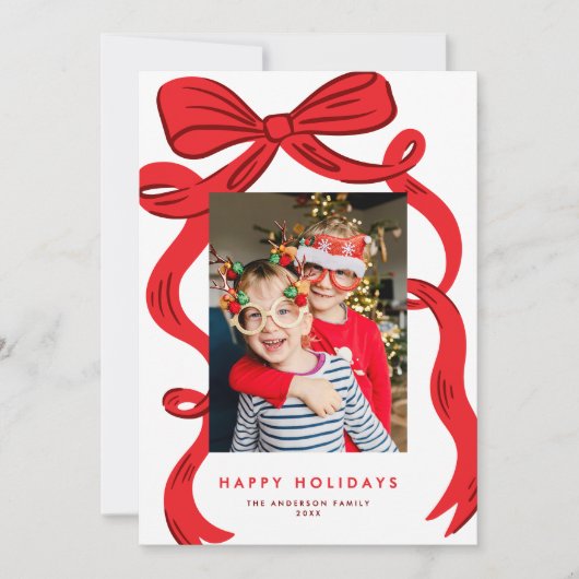 Big Bold Bright Red Bow Christmas Photo シーズンカード (正面)