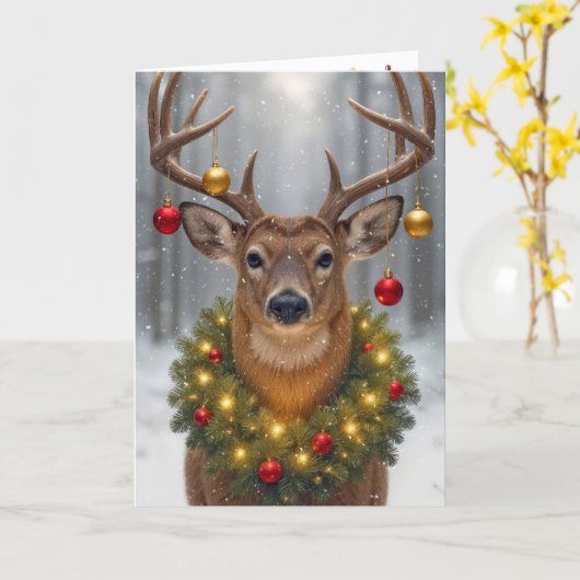 Big Buck Wearing a Glowing Christmas Wreath カード (黄色い花)