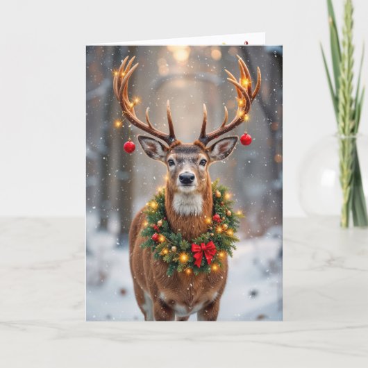 Big Buck Wearing a Glowing Christmas Wreath カード (正面)