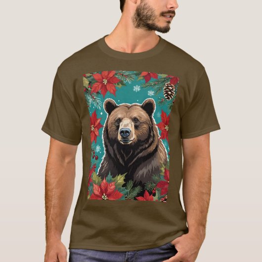 Big Christmas Brown Bear With Poinsettias Tシャツ (正面)