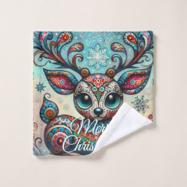 Big Eye Christmas Reindeer Folk Art Personalized ウォッシュタオル