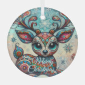 Big Eye Christmas Reindeer Folk Art Personalized ガラスオーナメント (正面)