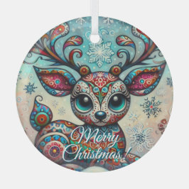 Big Eye Christmas Reindeer Folk Art Personalized ガラスオーナメント