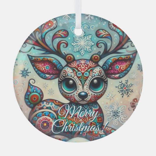 Big Eye Christmas Reindeer Folk Art Personalized ガラスオーナメント (正面)