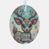 Big Eye Christmas Reindeer Folk Art Personalized ガラスオーナメント (正面右)