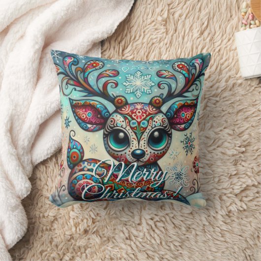 Big Eye Christmas Reindeer Folk Art Personalized クッション (ブランケット)
