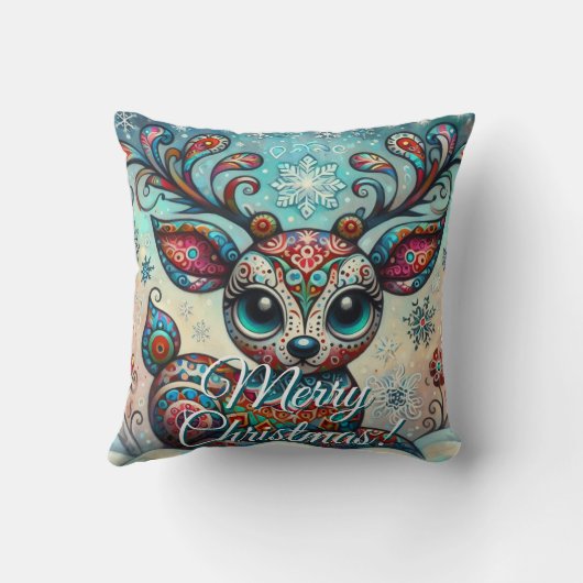 Big Eye Christmas Reindeer Folk Art Personalized クッション (裏面)