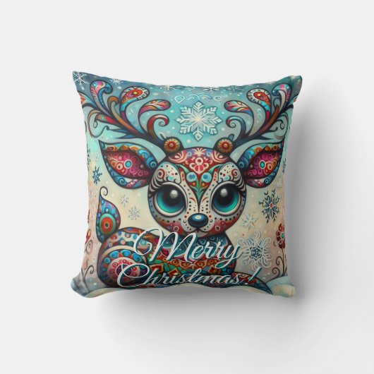 Big Eye Christmas Reindeer Folk Art Personalized クッション (正面)