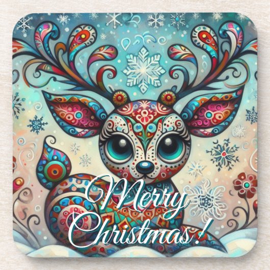 Big Eye Christmas Reindeer Folk Art Personalized コースター (正面)