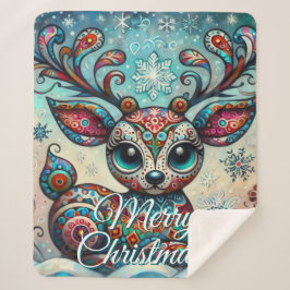 Big Eye Christmas Reindeer Folk Art Personalized シェルパブランケット