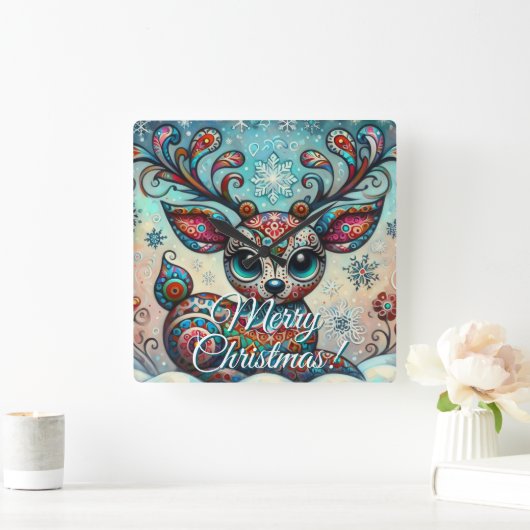 Big Eye Christmas Reindeer Folk Art Personalized スクエア壁時計 (ホーム)