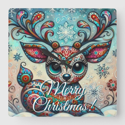 Big Eye Christmas Reindeer Folk Art Personalized スクエア壁時計 (正面)